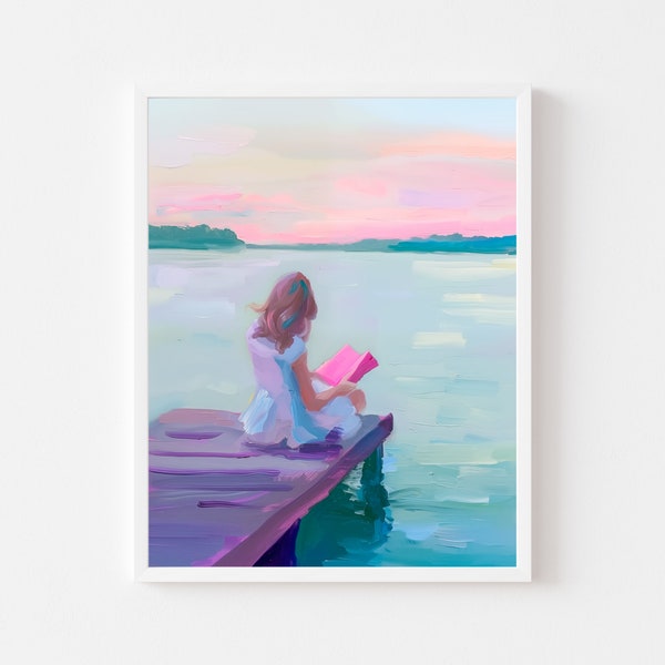 Woman Reading Book Painting | Summer Lake House Dock Wall Art Print | Colorful Neon Pastel Beach Printable | Coastal Sunset Digital Download