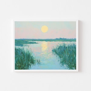 Moonlit Marsh Landscape Painting | Carolina Coastal Watercolor Wall Art Print | Beach House Printable | Pastel Lowcountry Digital Download