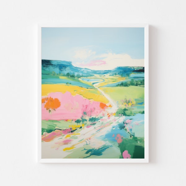 Colorful Abstract Landscape Painting | Pastel Modern Watercolor Art | Spring Field Impressionist Printable | Vibrant Meadow Digital Download