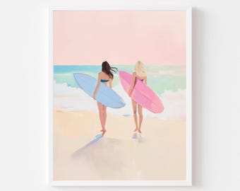 Pastel Surfer Girls Print: Pink & Blue Beach Art (Digital Download)