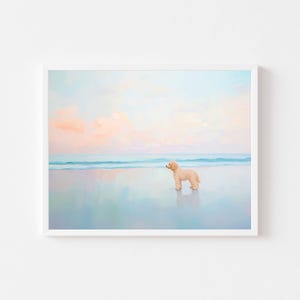Goldendoodle on the Beach Painting | Pastel Dog Lover Landscape | Coastal Summer Wall Art Print | Labradoodle Ocean Sunset Digital Download