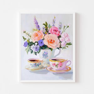 Impresión artística de ramo de taza de té: Naturaleza muerta floral caprichosa (Descarga digital)