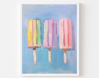 May include: Three popsicles on a blue background. The popsicles are yellow, purple, and pink.