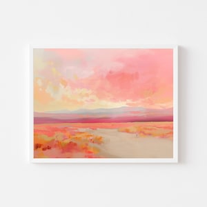 May include: A digital painting depicting a landscape with a pink and orange sky, a line of mountains in the distance, and a field of grass in the foreground.