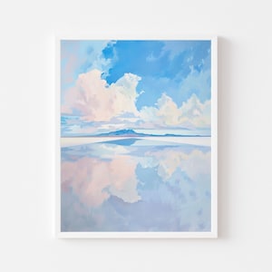 May include: A painting of a blue sky with white clouds reflected in a body of water. The water is calm and still, and the reflection of the clouds is clear and crisp.