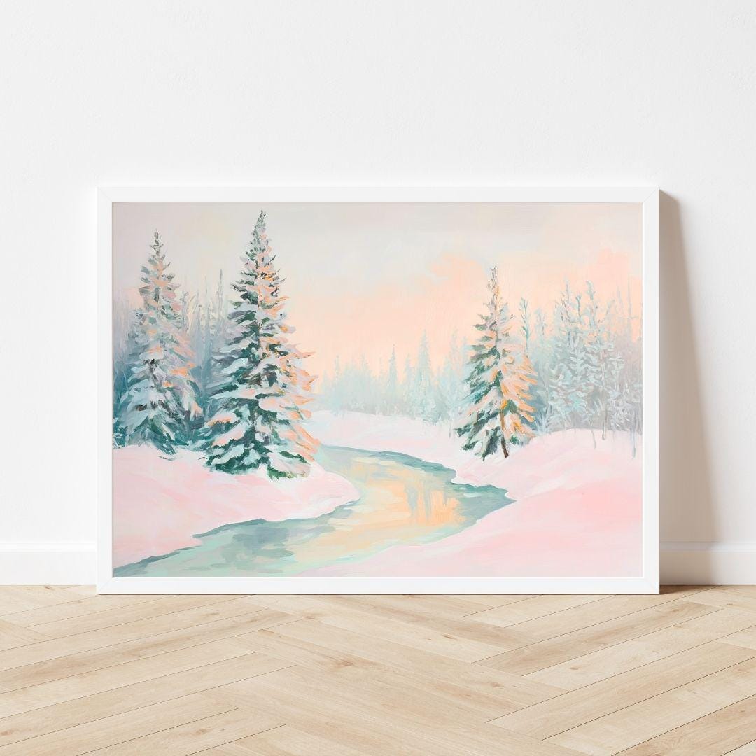 Pastel Winter Forest Print: Pink & Green Snowy Landscape (digital