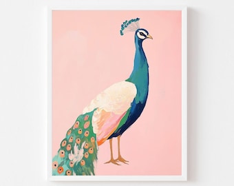Colorful Pink Peacock Painting | Pastel Bird Wall Art Print | Girl&#39;s Room Playroom Digital Download | Maximalist Animal Printable Portrait