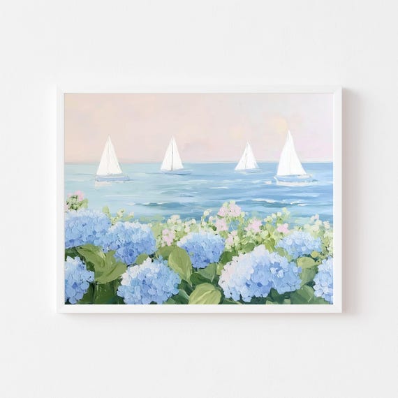 Blue Hydrangeas & Sailboats Art Print: Coastal Floral Seascape Painting (Printable Digital Download)