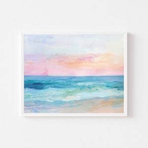 水彩画の海の夕日の海景 | パステル調の海岸画 | ビーチハウスの壁アートプリント | カラフルなデジタルダウンロード | 夏の湖の印刷物