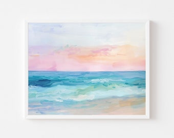 May include: Abstract painting of a seascape with a pink and orange sky over a blue and green ocean. The painting has a soft, watercolor-like style.