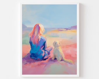 May include: A painting of a woman with long blonde hair and a blue jacket sitting on a pink and orange beach with a white dog. The woman and dog are facing away from the viewer, looking out at the ocean.