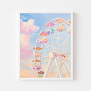 以下が含まれることがあります： 青い空とピンクの雲を背景に、カラフルなゴンドラがついた白い観覧車。観覧車は手前にあり、空は奥にある。