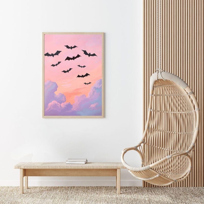 Bats Flying at Sunset Painting Pink Halloween Wall Art Print Colorful