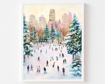 NYC Ice Skating Print: Central Park Wollman Rink Holiday Art