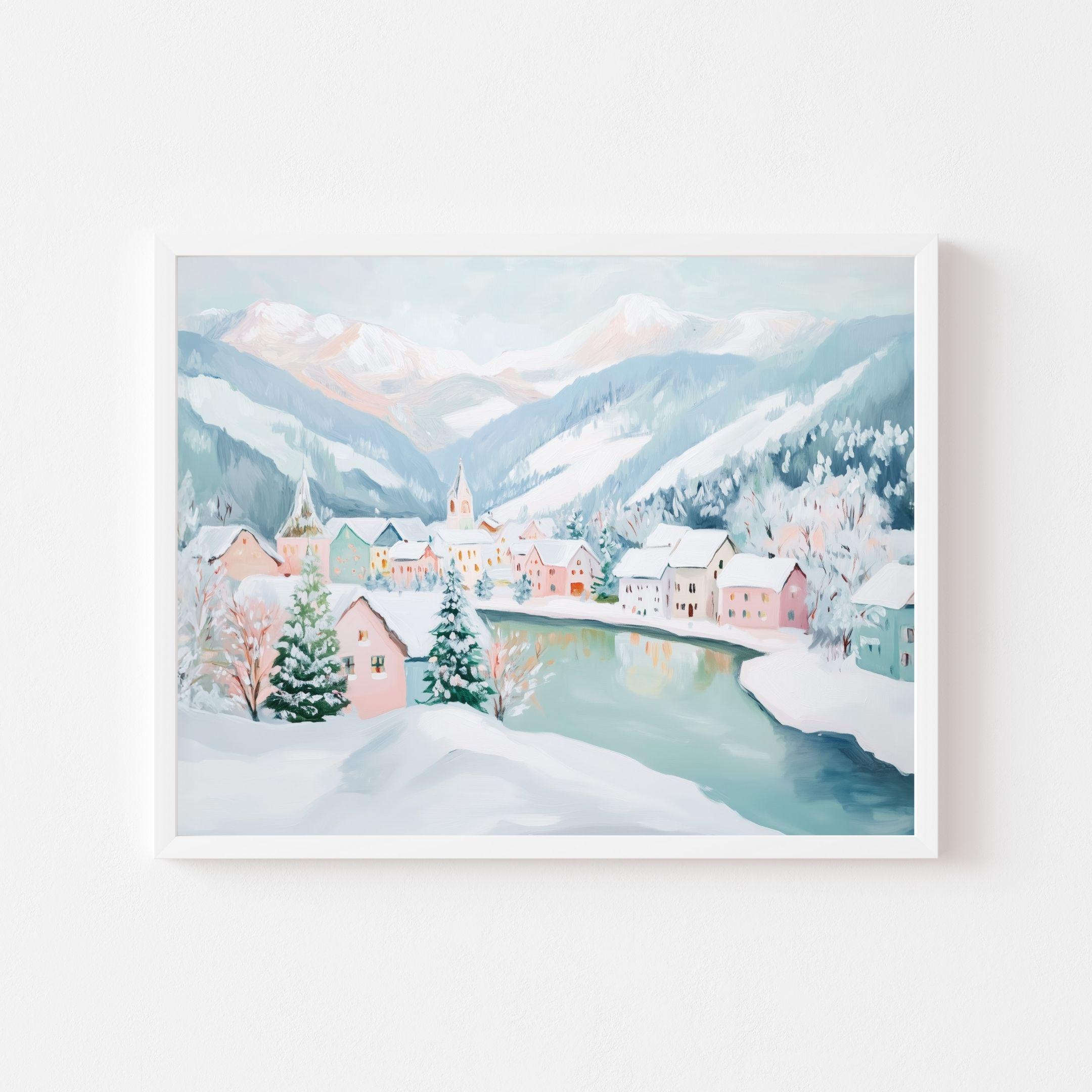 Swiss Village Winter Art Print: Pastel Mountain Landscape (digital