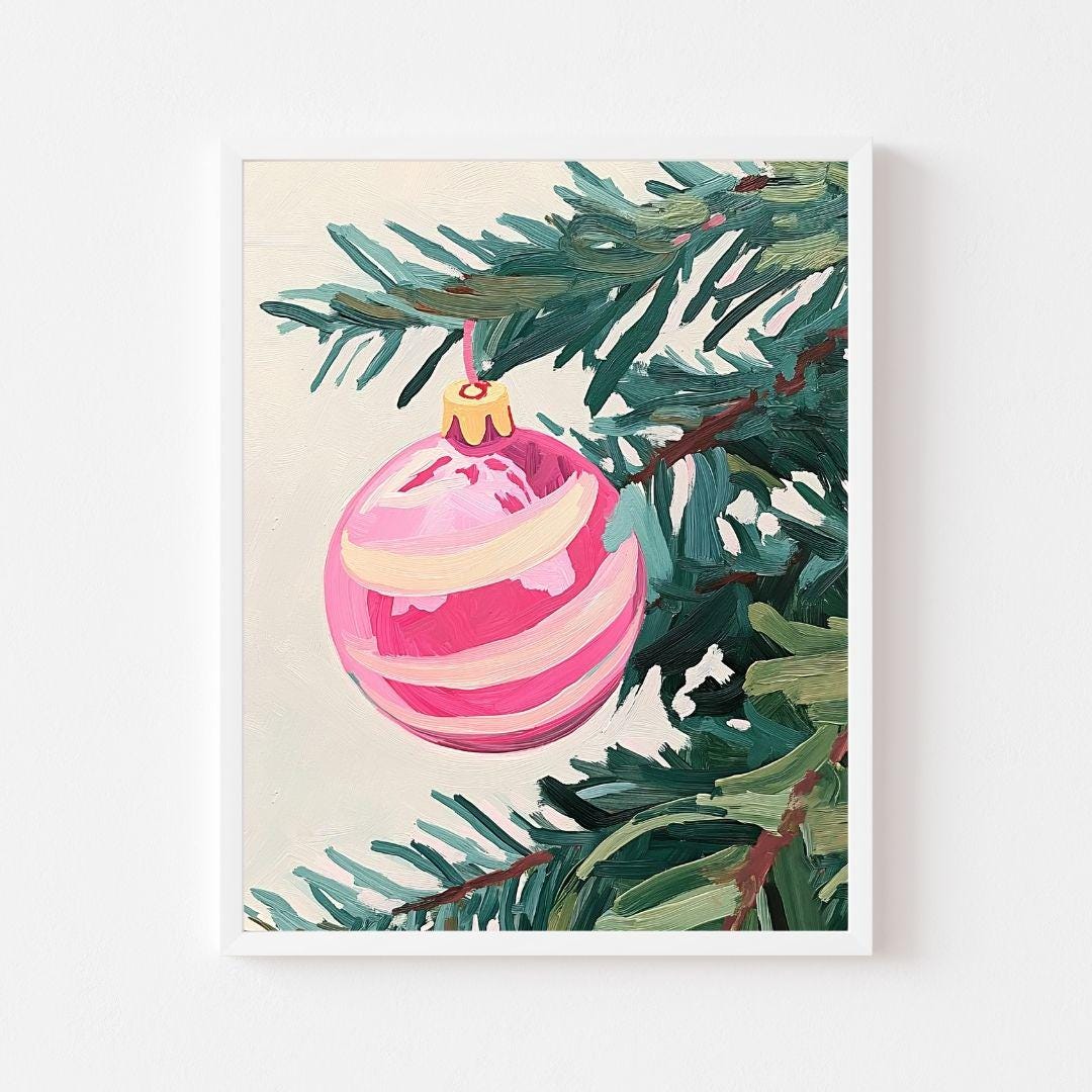 Retro Pink Ornament Print: Vintage Christmas Tree Art (digital Download ...