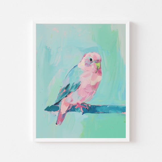 ピンクのセキセイインコの鳥の絵 | カラフルなパステル調の動物