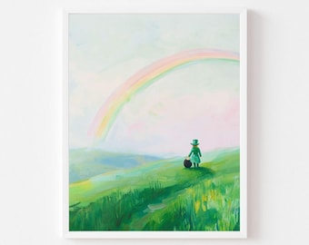 May include: A painting of a person in a green outfit and a hat walking towards a rainbow in a green field.