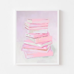 Pink Book Stack Painting | Pastel Reading Nook Wall Art Print | Colorful Library Digital Download | Girly Book Lover Apartment Printable