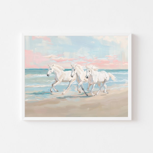 Tableau chevaux blancs sur la plage | Art mural poneys sauvages de Camargue | Téléchargement numérique de Chincoteague | Coucher de soleil côtier pastel imprimable