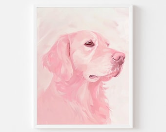 Pink Golden Retriever Painting | Pastel Puppy Dog Portrait | Monochrome Pet Digital Download | Girl's Room Blush Animal Wall Art Printable