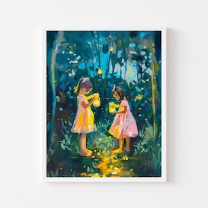 Schwestern fangen Glühwürmchen Malerei | Magische Sommernacht Wandbild | Mädchenzimmer Printable | Wunderlicher Lightning Bug Digital Download