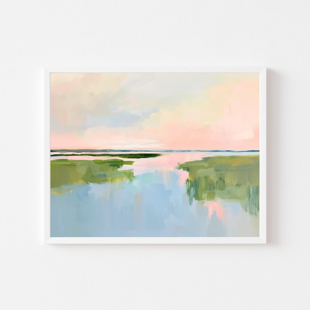 印象派風 水彩画 夕日　27cm24cm ピンクマーシュの夕日水彩画プリント：ローカントリー沿岸アート