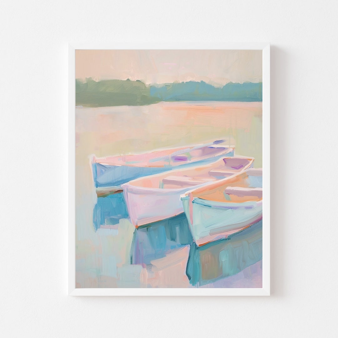 Pink Rowboat Pastel Rowboats Painting: Pink Summer Lake Art (digital Download) - Etsy