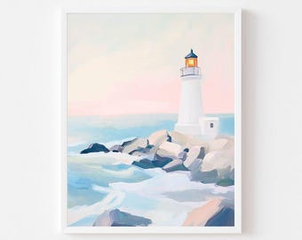 May include: A white lighthouse with a yellow light on top stands on a rocky outcropping in the ocean. The water is a light blue and there are white waves crashing against the rocks.