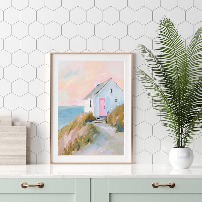 Pink Door Beach House Painting: Coastal Cottage Art Print (digital ...