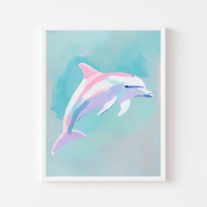 Pintura colorida de delfines / Impresión de arte de pared de animales marinos pastel / Descarga digital de Coastal Beach House / Habitación de niña rosa verano imprimible