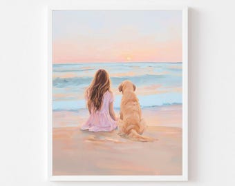 Lámina artística de una niña y un golden retriever en el océano: Pintura de perro en tonos pastel con temática costera (Descarga digital)