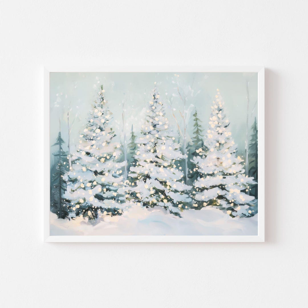 Snowy Winter Forest Art Print: Blue Christmas Tree Wall Decor ...