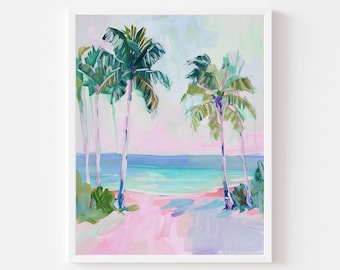 Pastel Palm Tree Sunset Print: Pink Coastal Beach Art (Digital Download)