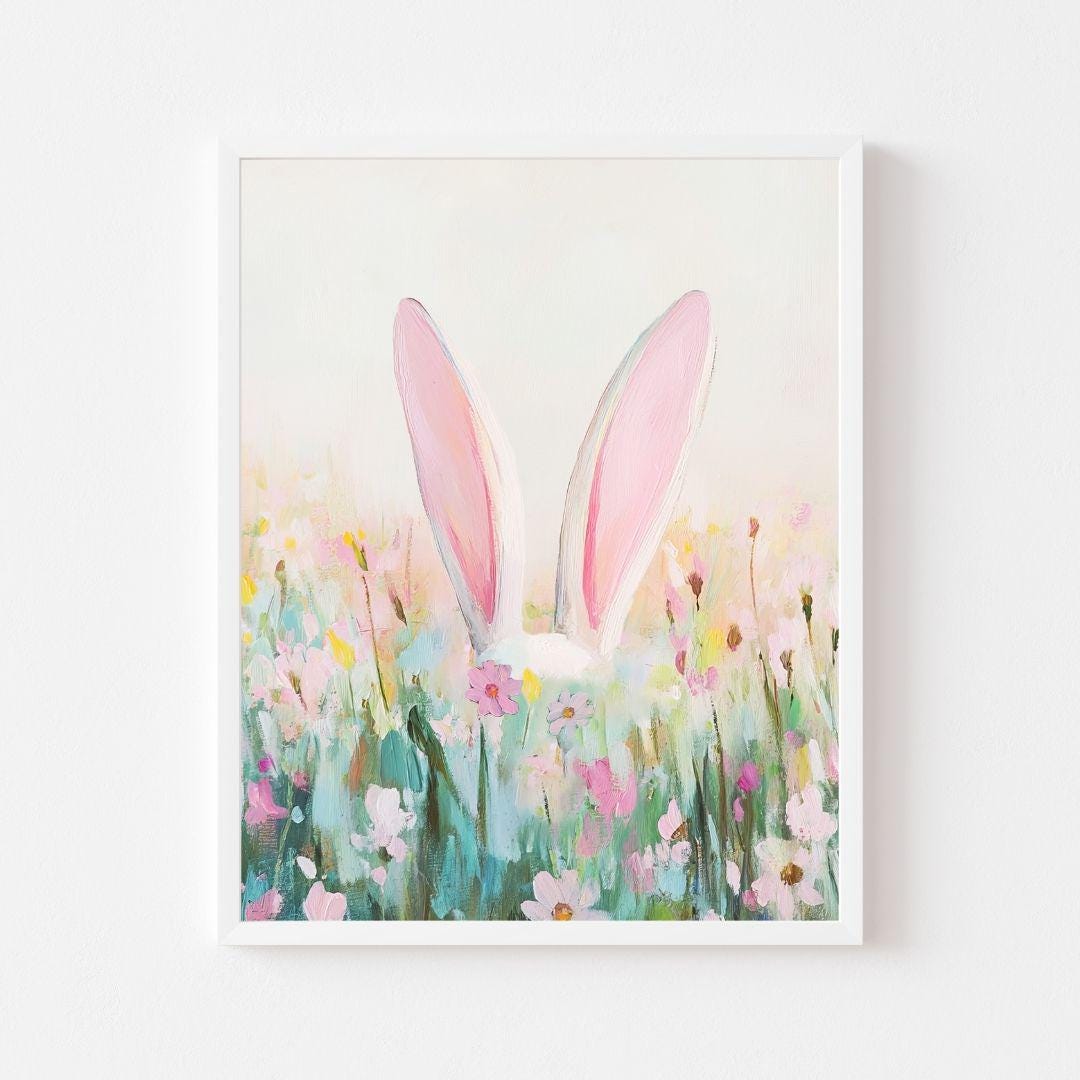 Bunny Ears in Flower Field Wall Art Print | Pastel Easter Garden ...
