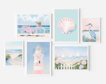 Rosa adrette Küsten Galeriewand Set: Pastell Strandhaus Kunst Bundle (druckbare digitaler Download)