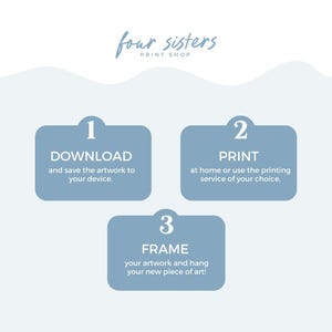 May include: Three steps to download, print, and frame artwork. Step 1: Download and save the artwork to your device. Step 2: Print at home or use a printing service. Step 3: Frame your artwork and hang your new piece of art!