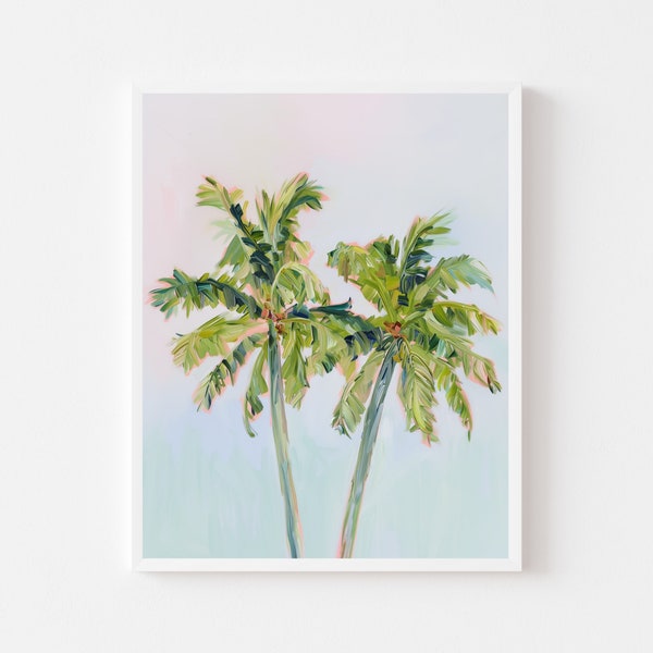 Tableau pastel palmier | Impression d'art mural estival côtier tropical | Maison de plage colorée en téléchargement numérique | Cadeau imprimable tendance girly