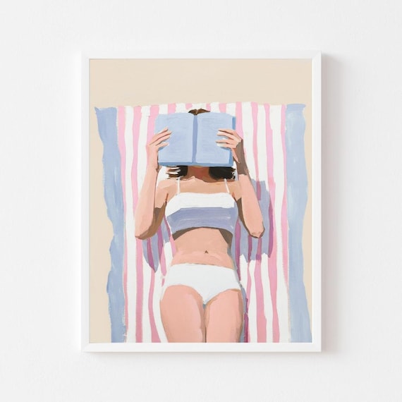 Beach Reading Pastel Art Print: Coastal Summer Girl (Digital Download)
