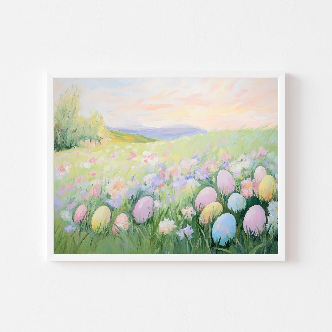 Easter Egg Landscape Painting | Pastel Spring Meadow Wall Art Print ...