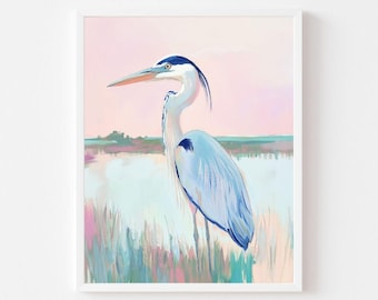 Blue Heron Painting: Coastal Bird Art Print, Summer Marsh Sunset (Digital Download)