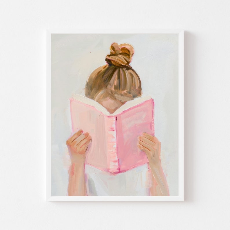 Girl Reading Pink Book Art Print: Pastel Library Painting (digital ...