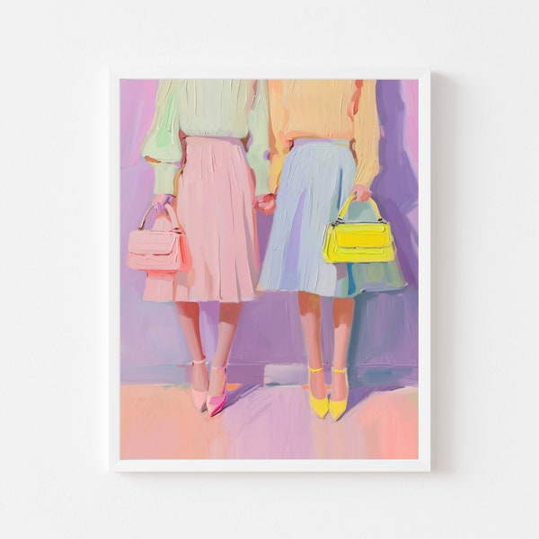 Colorful Sisters Fashion Painting | Pastel Retro Vintage Women Wall Art Print | Pink Trendy Girly Digital Download | 1950s Skirt Printable