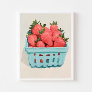 Morangos em pintura de caixa azul-petróleo | Impressão de parede de frutas vermelhas para cozinha | Download digital de morango de verão | Frutas vermelhas em tons pastéis para impressão