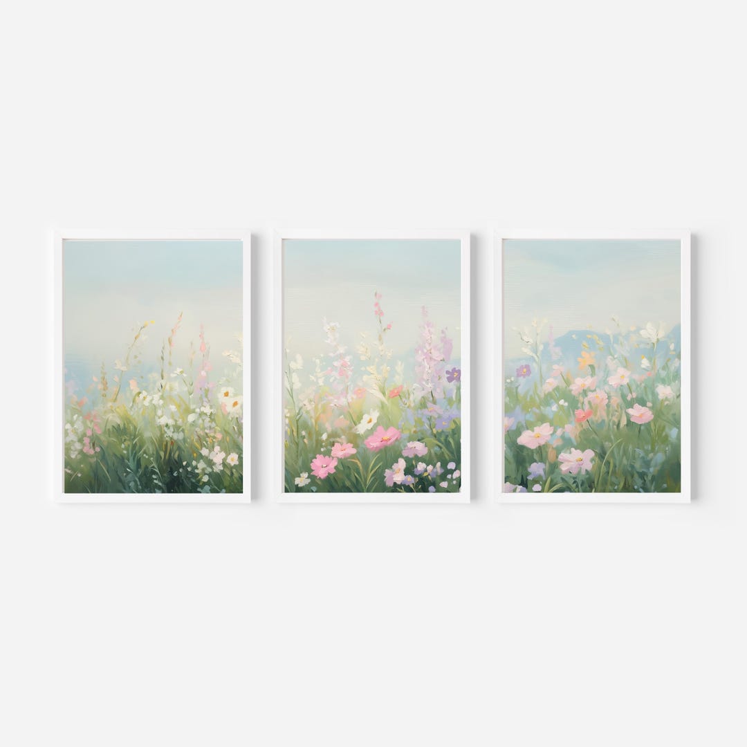 Wildflower Meadow Triptych, 3 Panel Art Set: Pastel Spring Floral Wall ...