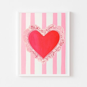 Pintura de coração vermelho para namorados | Impressão de arte de parede para dia dos namorados | Download digital de cartão rendado para quarto de menina | Amor com listras rosa pastel para impressão