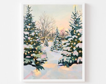 Cuadro de una granja de árboles de Navidad rosas: Lámina artística de paisaje invernal (descarga digital)