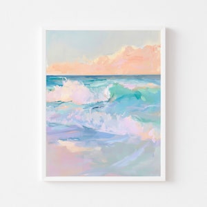 Pastel Ocean Waves Seascape / Pintura imprimible de la puesta de sol costera rosa / Beach House Wall Art Print / Vibrante Summer Shore Descarga digital