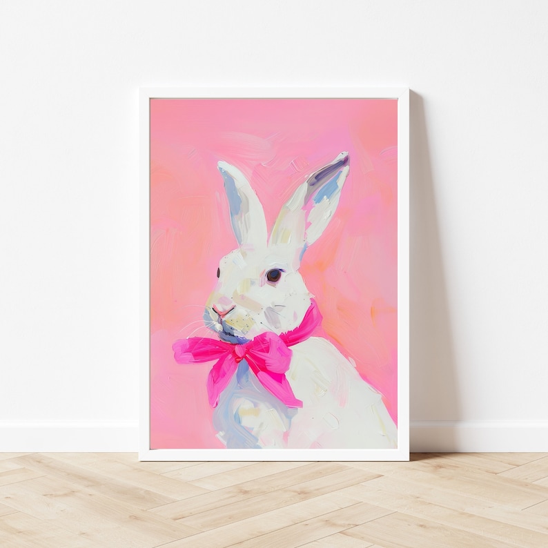 May include: A white rabbit with pink ears and a pink bow tie on a pink background.