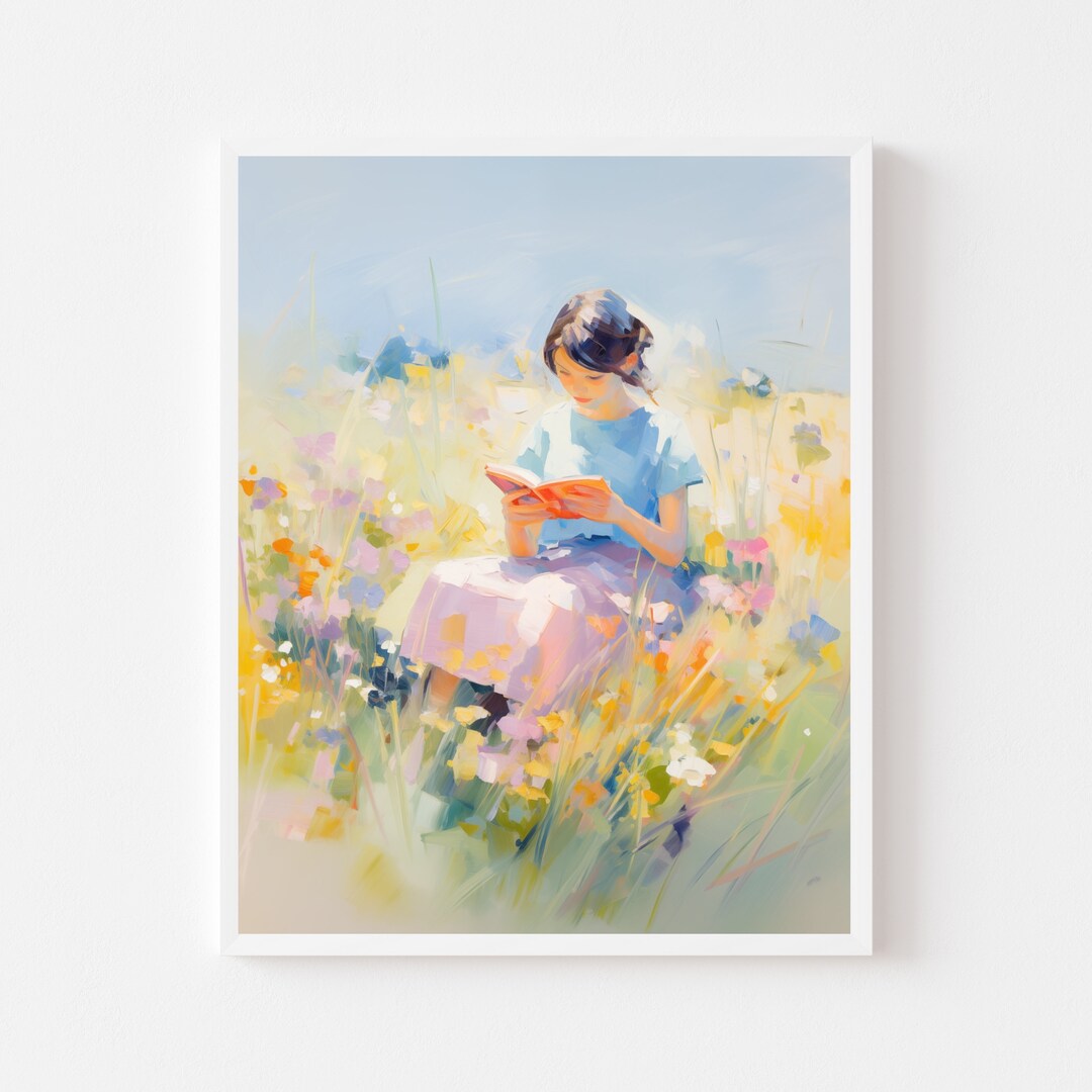 Girl Reading Painting Book Nook Art Print Colorful Kid's Room Printable ...